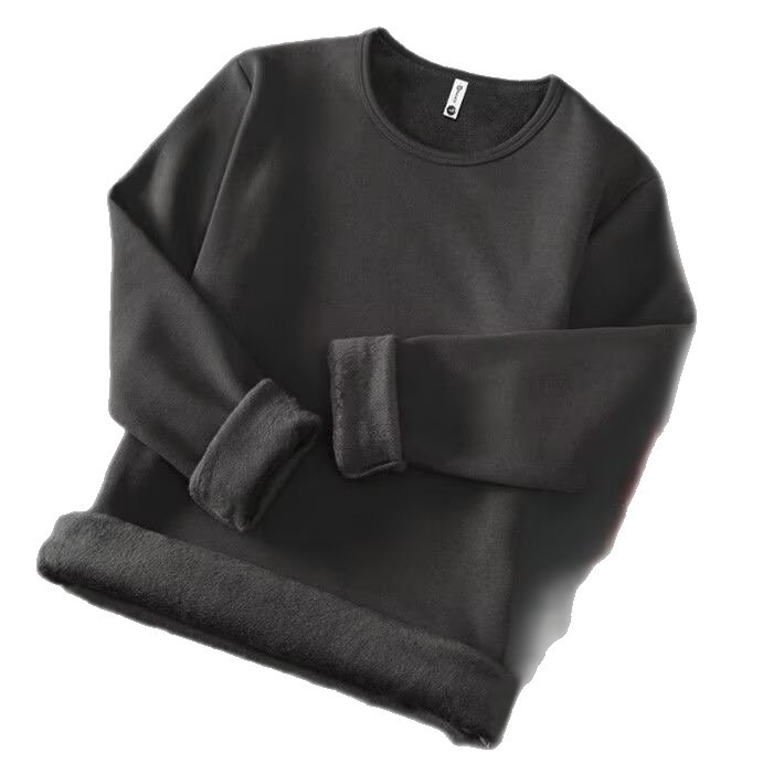 Camiseta de manga larga del fabricante de la fuente para hombre más terciopelo grueso color sólido interior con cuello redondo para hombre otoño e invierno cálido T camisa de fondo negro