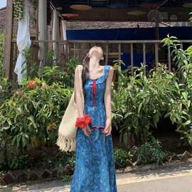 海边度假风蓝色碎花吊带连衣裙女春季新款小众轻奢收腰显瘦中长裙