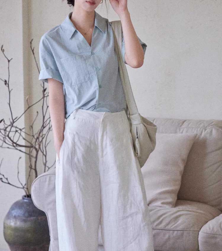 Áo sơ mi ngắn tay nữ cổ V phong cách Pháp chất liệu cotton — Áo xanh chi tiết 2