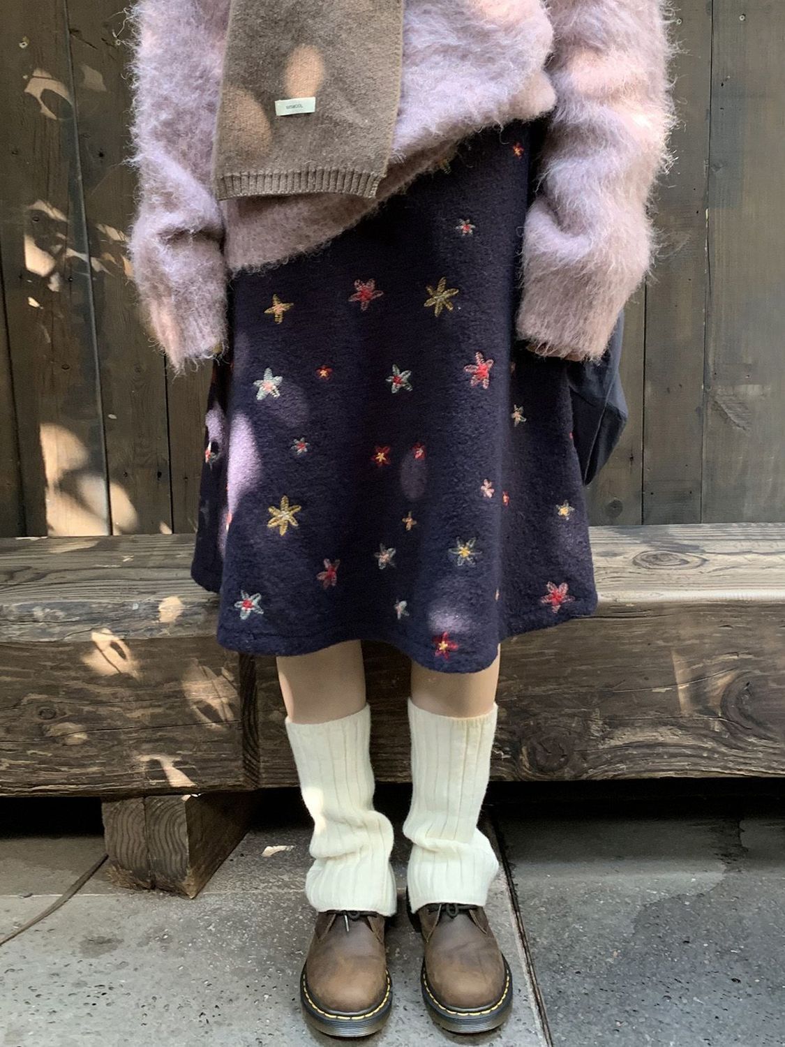 木木淘屋星星刺绣羊羔毛半身裙女秋冬新款复古百搭字中裙子