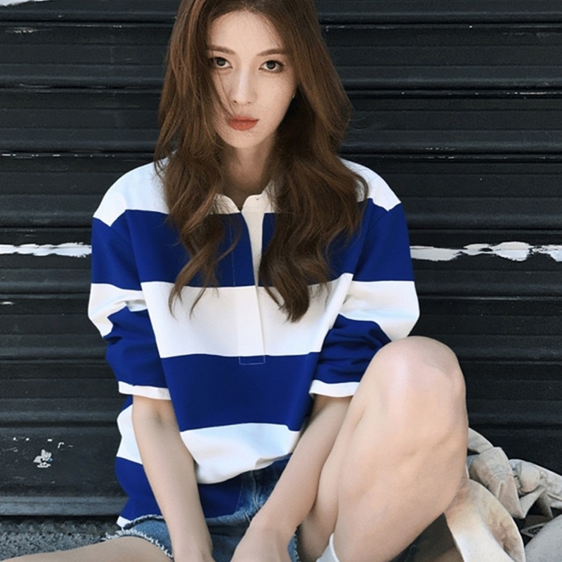 早秋装小个子韩系上衣美式复古慵懒chic多巴胺蓝白条纹长袖卫衣女|undefined