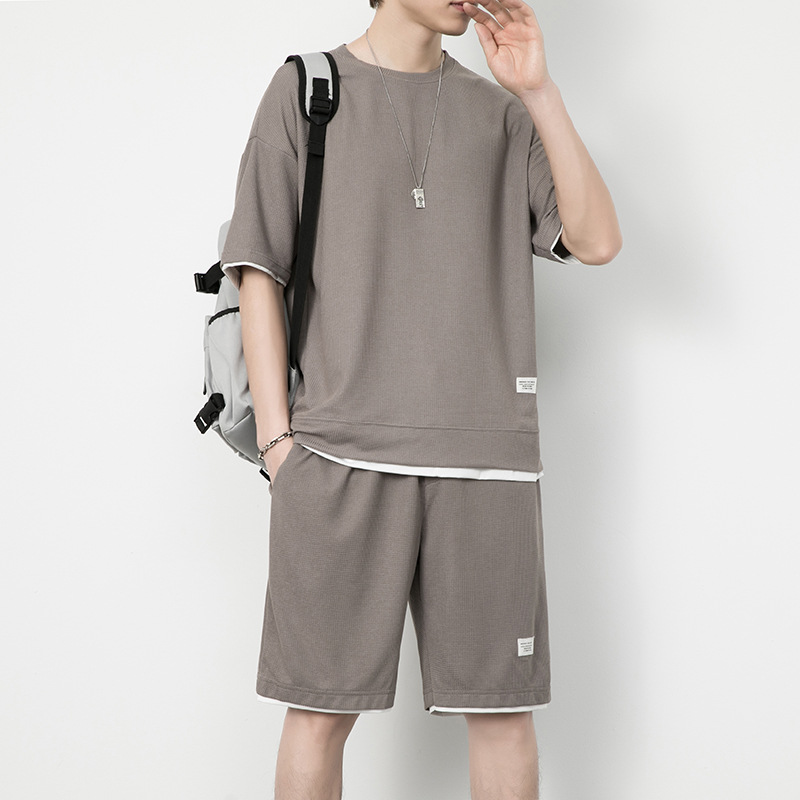 Short-sleeved Shorts Set Men's Summer Trendy Brand Loose Fake Two-piece Ice Silk T-shirt Men's Clothing Set with Handsome Clothes