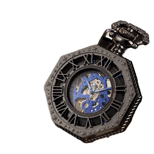 Amazon Hot Selling Skeleton Pocket Watch Engraved Octagonal Mechanical Pocket Watch Retro Roman Blue Numbers Wholesale