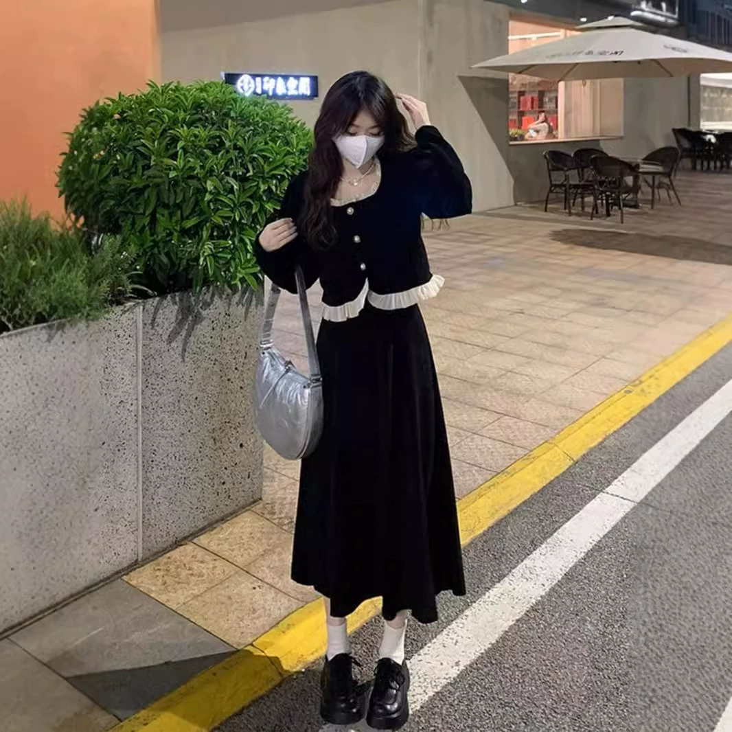 Женский французский продвинутый чувство небольшой ароматный ветер с длинными рукавами блузка юбка юбка женский весенний и осенний новый чехол из двух частей