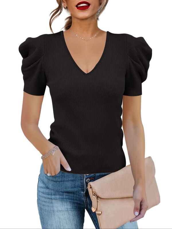 J 36011 V-neck Bubble Sleeve T-shirt J 36011 V-neck Bubble Sleeve T-shirt
