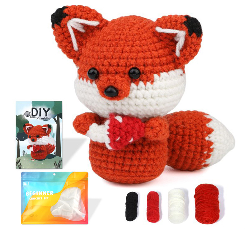 Unisex same style handmade DIY crochet wool knitted red fox doll material package_voghion.com