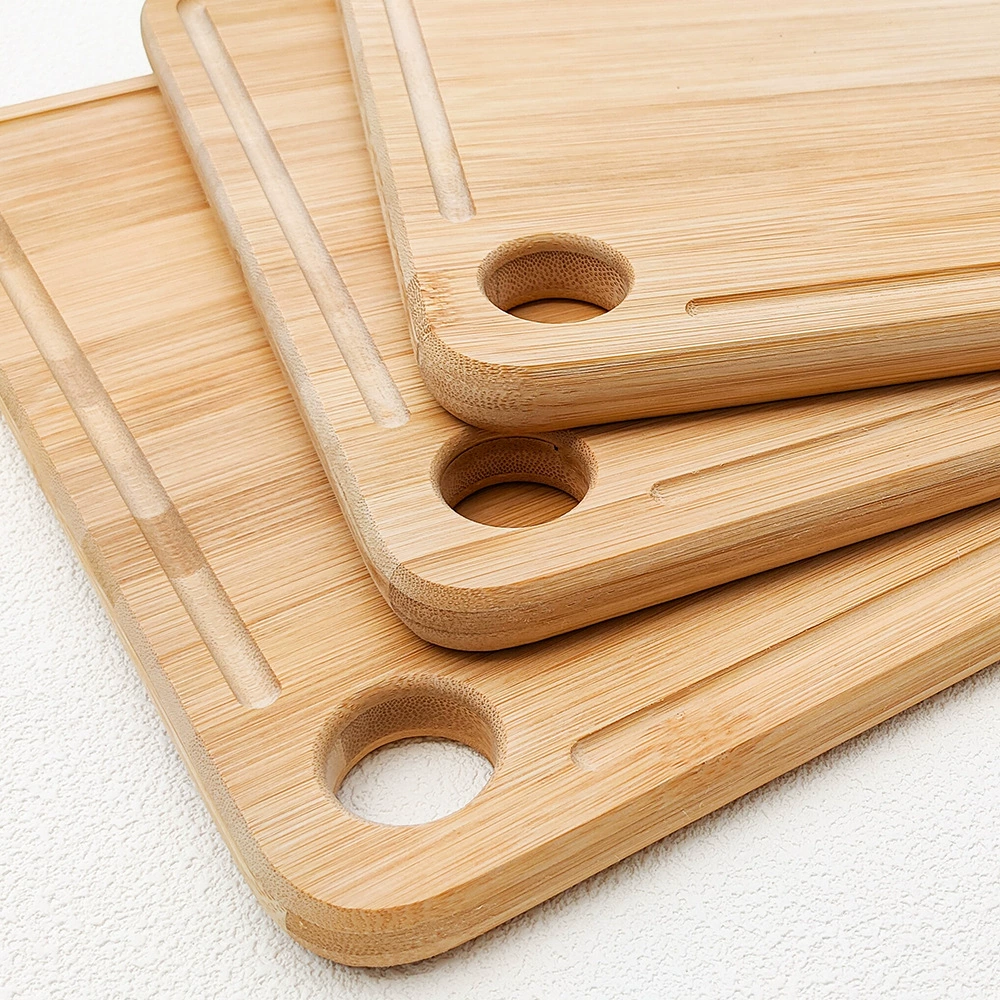 Bamboo cutting board, double‑sided square chopping board with hanging hole and juice groove, 1.8 cm