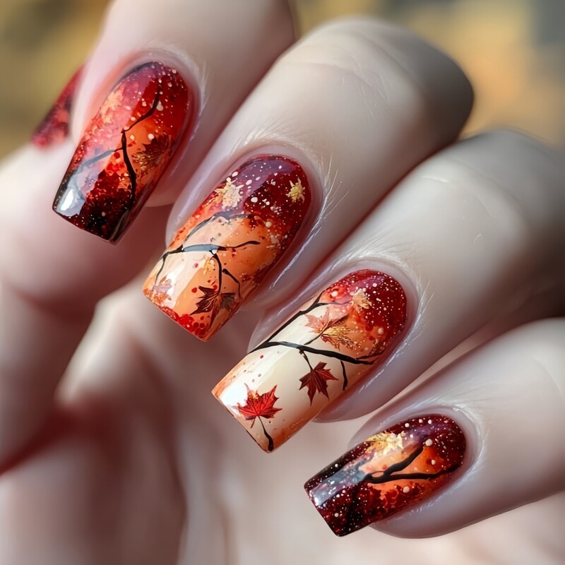 Hand-Painted Autumn Maple Leaf Square-Shaped Wearable Red-Orange Gradient Glossy Acrylic Fake Nails with Artistic Design Tc-53 Hand-Painted Autumn Maple Leaf Square-Shaped Wearable Red-Orange Gradient Glossy Acrylic Fake Nails with Artistic Design Tc-53