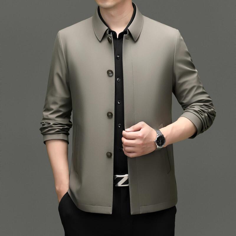 2026 Spring and Autumn Style Non-Ironing Silk Turn-Down Collar Jacket for Men, Middle-Aged and Young Dad's Business Casual Silk Trench Coat for Men 2026 Spring and Autumn Style Non-Ironing Silk Turn-Down Collar Jacket for Men, Middle-Aged and Young Dad's Business Casual Silk Trench Coat for Men