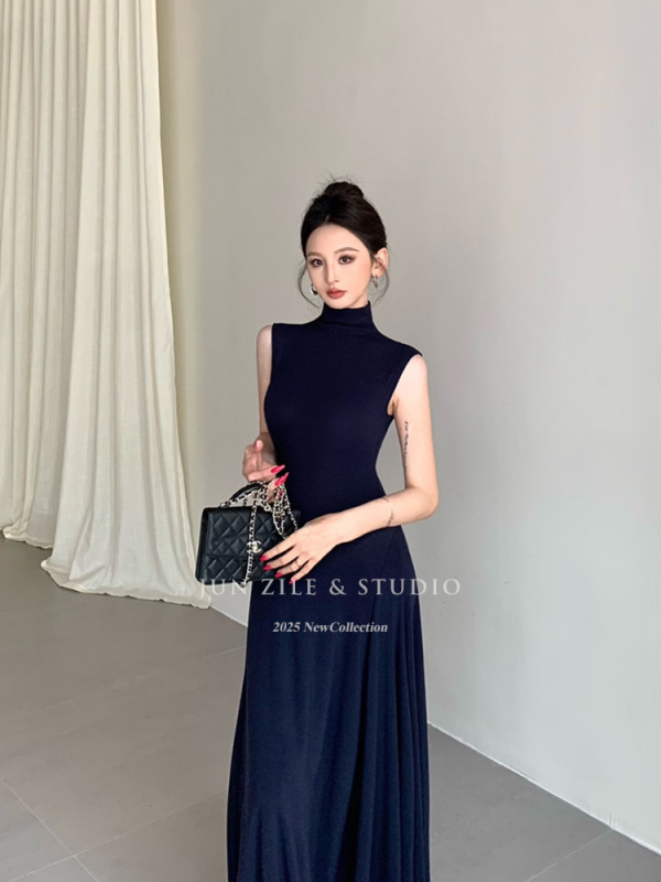 女装夏高级感法式气质半高领无袖背心连衣裙修身辣妹气质大摆长裙|undefined
