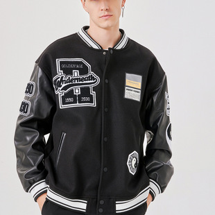 American Heavyweight Cross-Border Black Embroidered Woolen Baseball Jacket for Men Spring and Autumn Casual Loose Retro High Street Fashion Brand Jacket