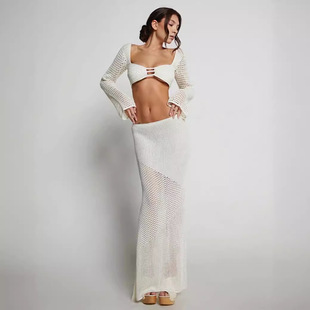 European and American Cross-border 2024 Summer Women's New Tether Long Sleeve Hip Casual Knitted Dress suit