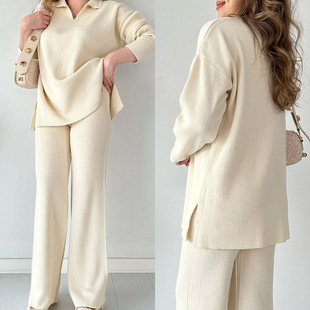 Fall 2023 new European and American Amazon cross-border fashion solid color loose hem split sweater two-piece set for women