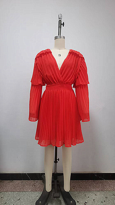 Summer New Arrival Women's Clothing Solid Color Fashion Dress V Neck Chiffon Pleated Tie Batwing Sleeve American Style_ecoleips.com