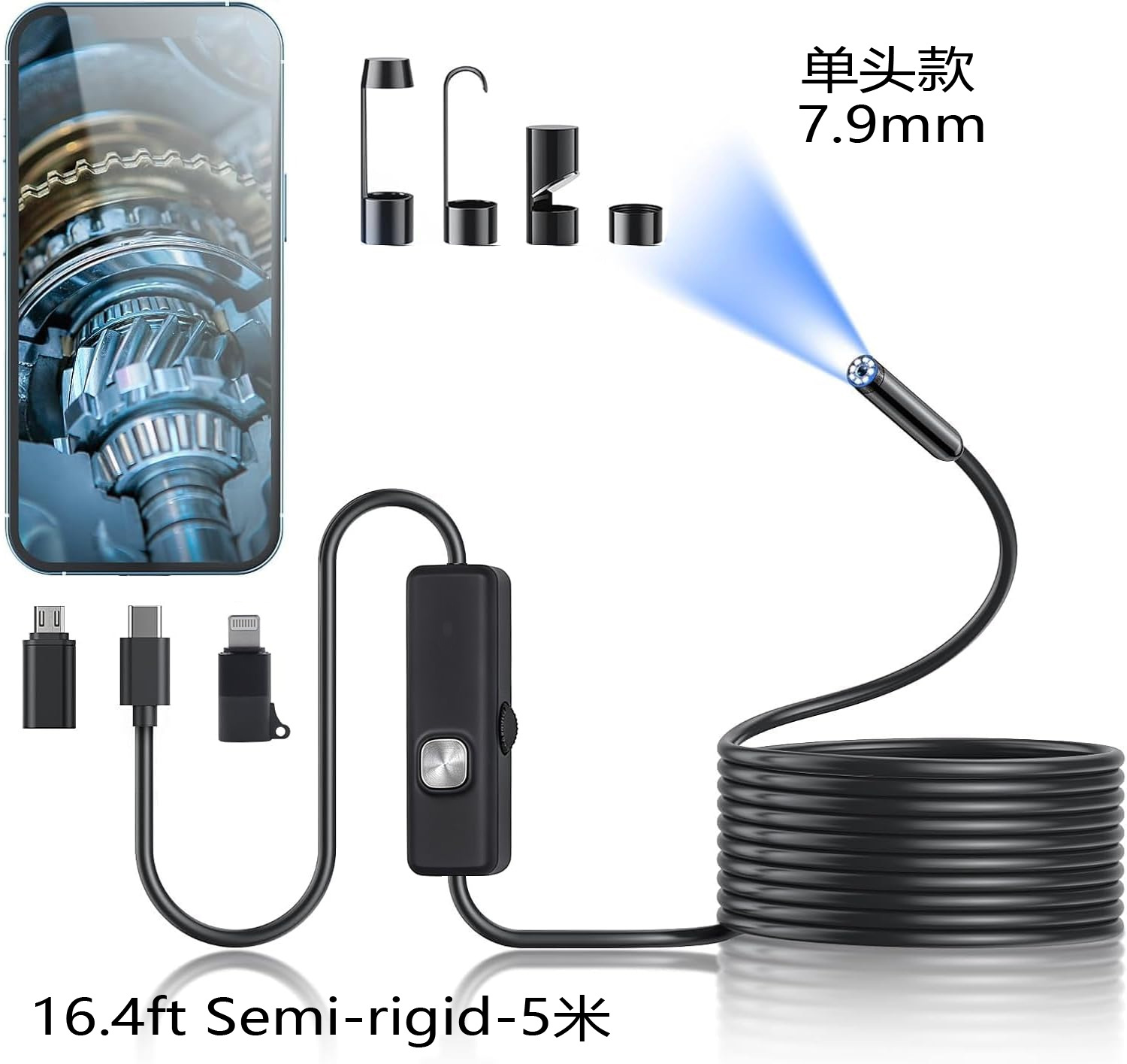 Inspektionskamera mit LED-Licht 1920P HD Rohrkamera Wasserdicht 16,4 Fuß Halbstarr Industriell