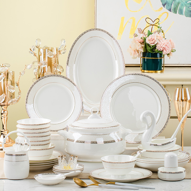 Tableware Set Jingdezhen Ceramic Gift Household Bone China Rice Bowl Dish Plate Can Be Shipped Wholesale Gold-Edged