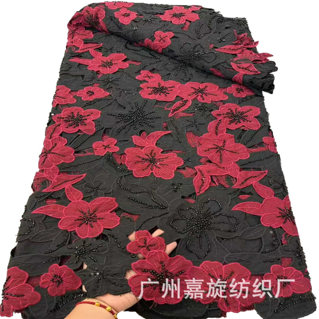 Flor de patrón bordado industria pesada cuentas sequillas tela de encaje africana falda de alta calidad cheongsam vestido tela de encaje