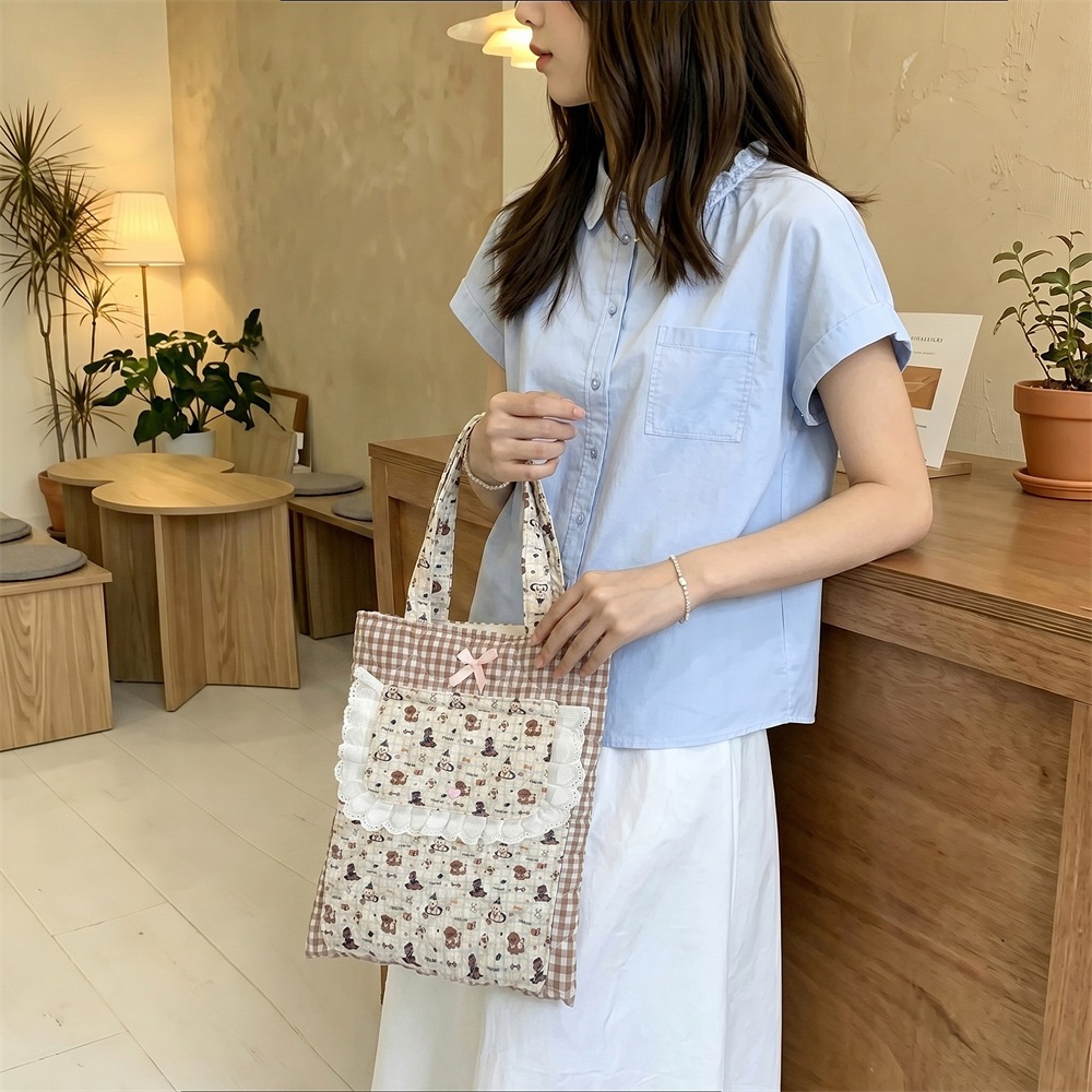 65237 Pink and white checkered quilted iPad bag with lace trim, Korean-style girly tablet protective handbag