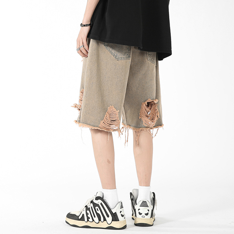 Jeans im amerikanischen Stil für Herren, 2024, Sommer, trendige Marke, Distressed-Denim-Shorts, Jugend, High Street, lockere, lässige Caprihosen_voghion.com