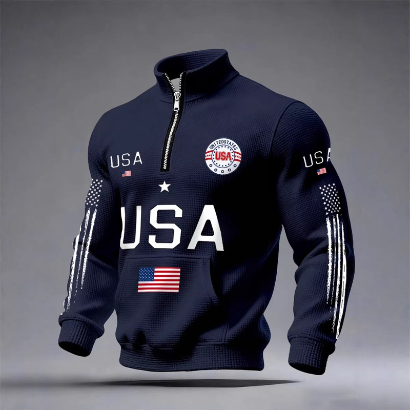 Japanese Fabric 250g Direct Supply from Source Factory Cross-Border Men's Half-Zip Sweatshirt Usa Flag Print Stand Collar Top Japanese Fabric 250g Direct Supply from Source Factory Cross-Border Men's Half-Zip Sweatshirt Usa Flag Print Stand Collar Top