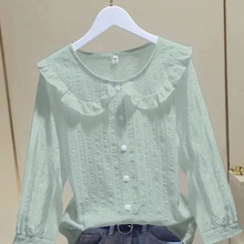 2025新款娃娃领衬衫女长短袖上衣春夏秋装荷叶边女士衬衣洋气小衫