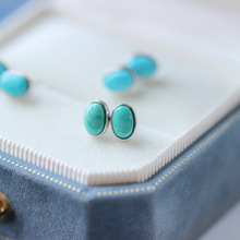 天然湖北原矿绿松石蛋面耳钉s925银镶嵌湖北高瓷蓝松石耳针批发