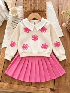 26 girls fashionable lapel bow embroidered textured fabric splicing top + A pleated skirt suit