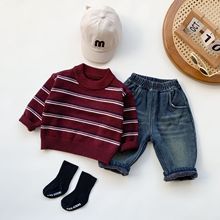 ins婴幼儿童装男女宝宝2025秋新款条纹美式复古圆领套头长袖毛衣
