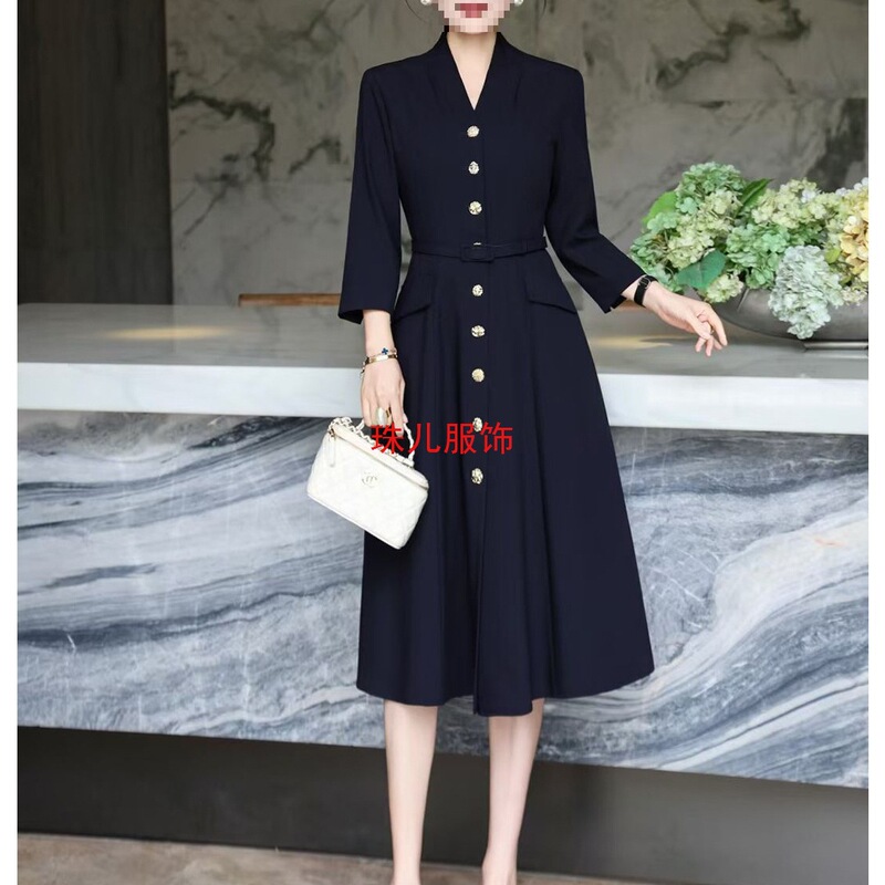 Waist-Cinching Elegant Slimming Dress for Women, Formal Gray Collar Buttoned Mid-Length Style for Ladies