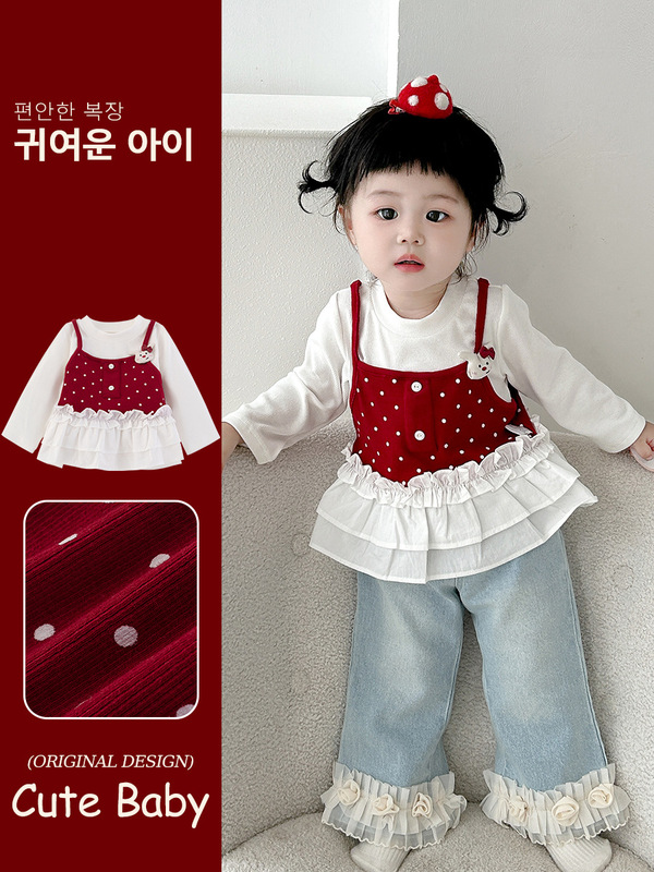春と秋の女の子のコントラストカラー偽ツーピース 2025 秋の新しい韓国スタイルの子供底シャツ女の赤ちゃんトップス 5513|undefined