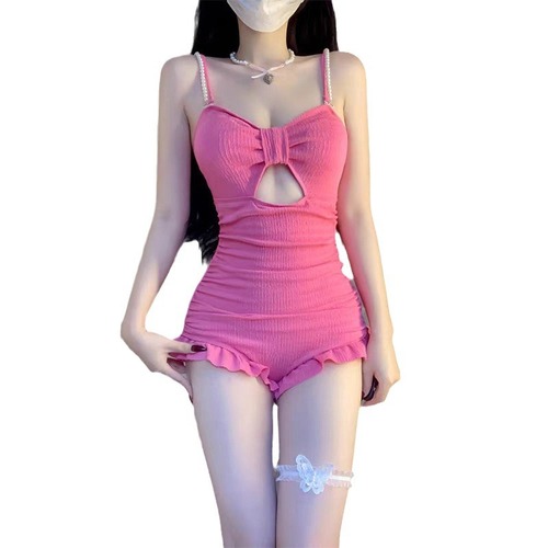 Women's One-piece Suspender Long-sleeved Two-piece Set Slimming Conservative Swimsuit Solid Color Teenager Hot Spring Swimming Suit