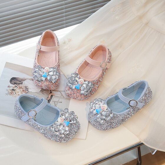 Girls Elsa Crystal Princess Shoes 2025 Spring New Bow Children's Baby Leather Shoes Soft Bottom Rhinestone Shoes