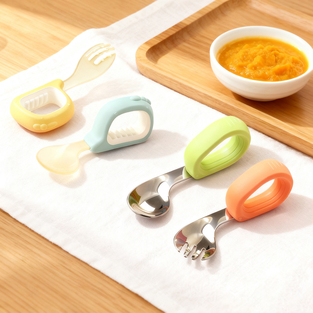 Baby Self-Feeding Silicone Spoon with Curved Tip, Ppsu Complementary Food Utensils, Pure Titanium Infant Learning Fork and Spoon, Food Grade