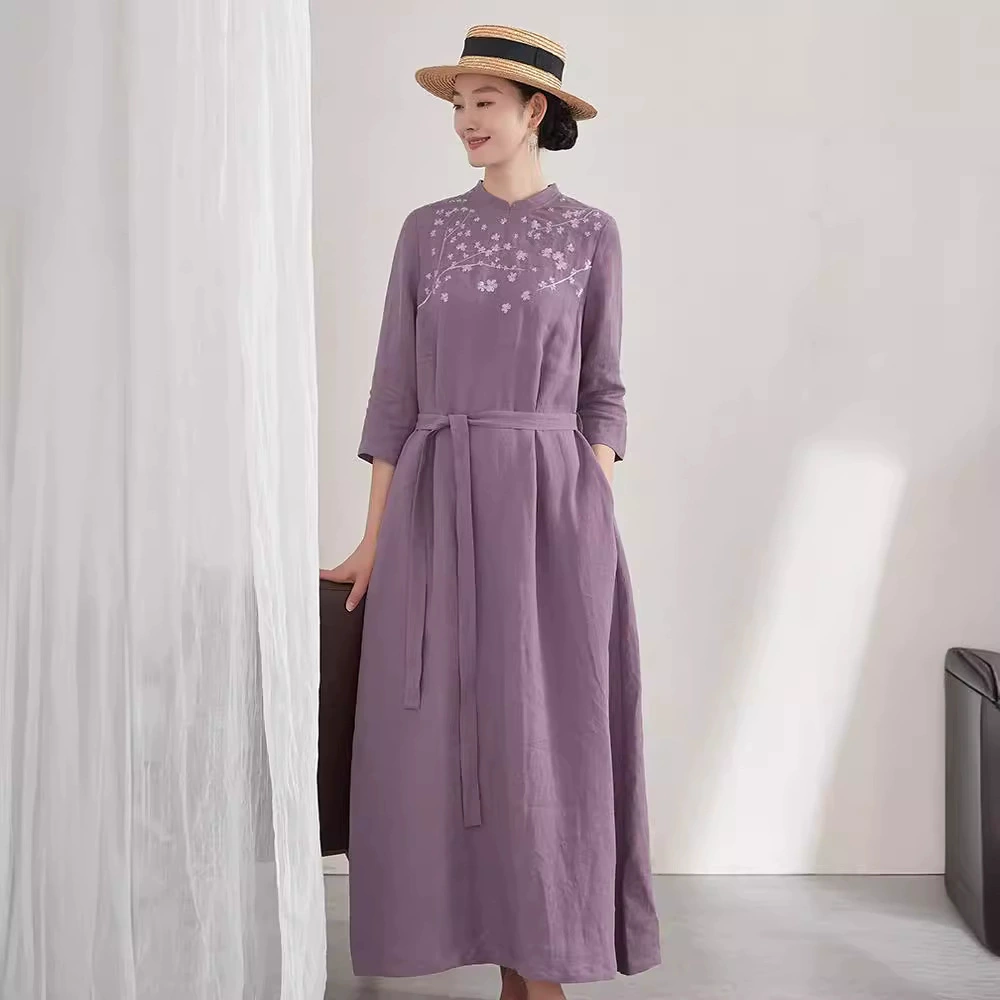 2022 Ранняя осень, новое женское льняное выстиранное длинное платье с А-образным подолом и вышивкой, женское платье с вертикальным воротником и семиконечными рукавами