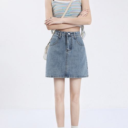001 Japanese-style college casual high-waisted denim short skirt for women, spring and summer, loose and versatile A-line mini skirt for petite figures