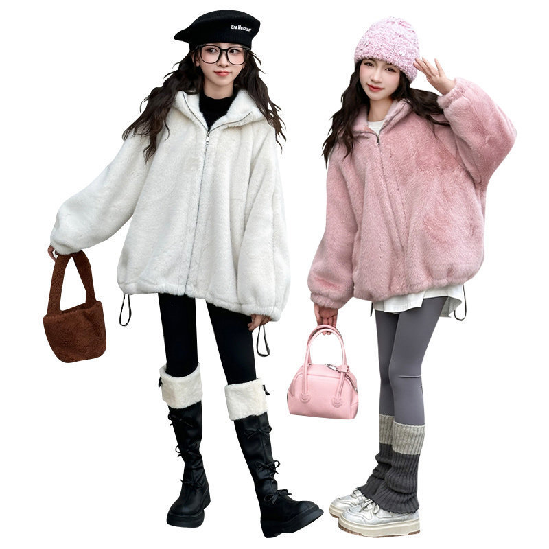 소녀의 모조 모피 코트 가을과 겨울 스타일 큰 소년의 패셔너블 후드 기모 지퍼 카디건 소녀의 한국 스타일 모직 스웨터