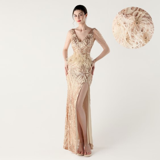 33353 # 2025 New Heavy-Duty Custom Beaded Fishbone Waist Strap Deep V High Slit Evening Dress Wedding Evening