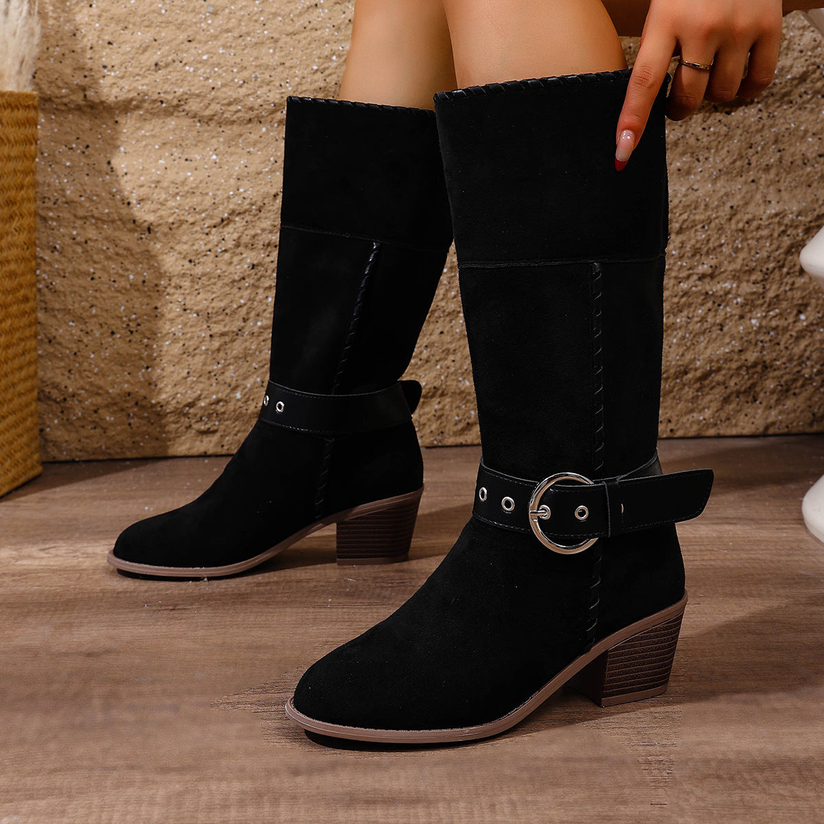 Women's Winter Belt Buckle Turn Up Mid Heel Riding Boots Chunky Heel Plus Size Western Mid Calf Boots_voghion.com