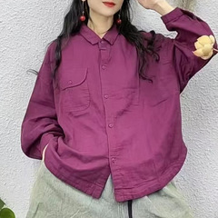 翻领短款双层棉纱衬衣女砂洗棉纱上衣柔软宽松百搭小个子透气衬衣