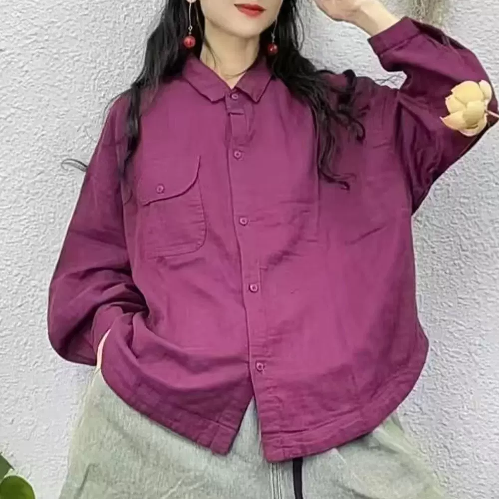 翻领短款双层棉纱衬衣女砂洗棉纱上衣柔软宽松百搭小个子透气衬衣