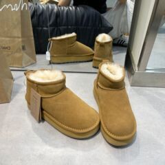 PRUGGI冬季新款高跟冬雨同款雪地靴女鞋牛皮羊毛厚底短筒保暖增高