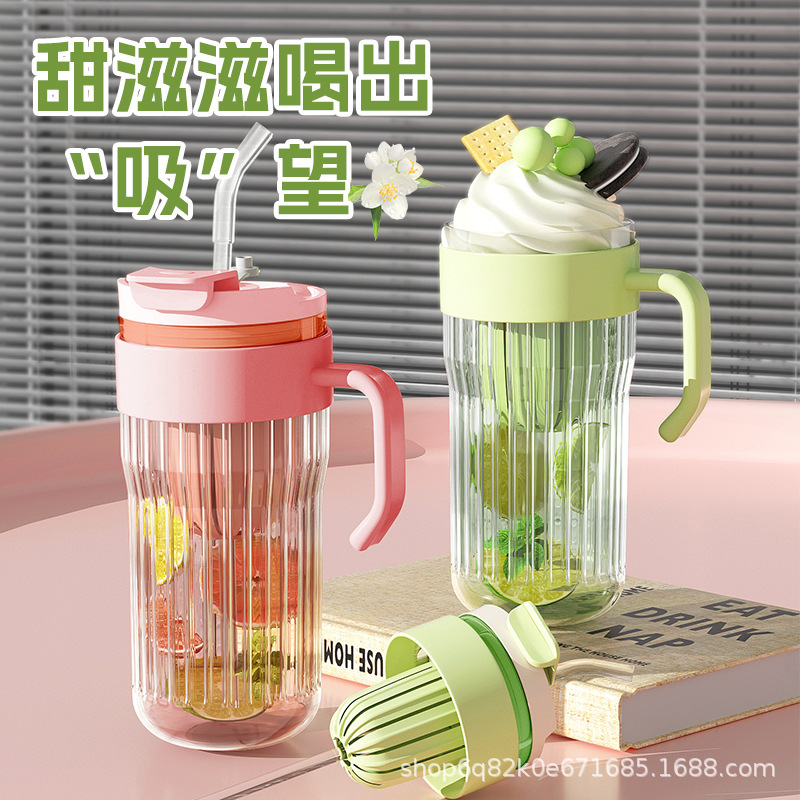 Fábrica de suministro directo de nuevo mango de taza de té de separación de taza de vidrio con paja de 550ml taza de sellado de gran capacidad