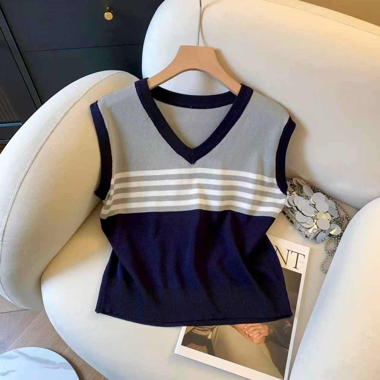 2025 New College Style Contrast Striped Knitted Vest Women's Summer Outer Vest Vest Sleeveless Top