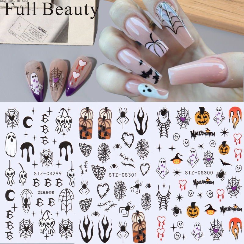 Cross-border Hot Halloween Sale Nail Art Stickers Gummed Colorful Pumpkin Zombie Skull Autumn Maple Leaf Nail Stickers