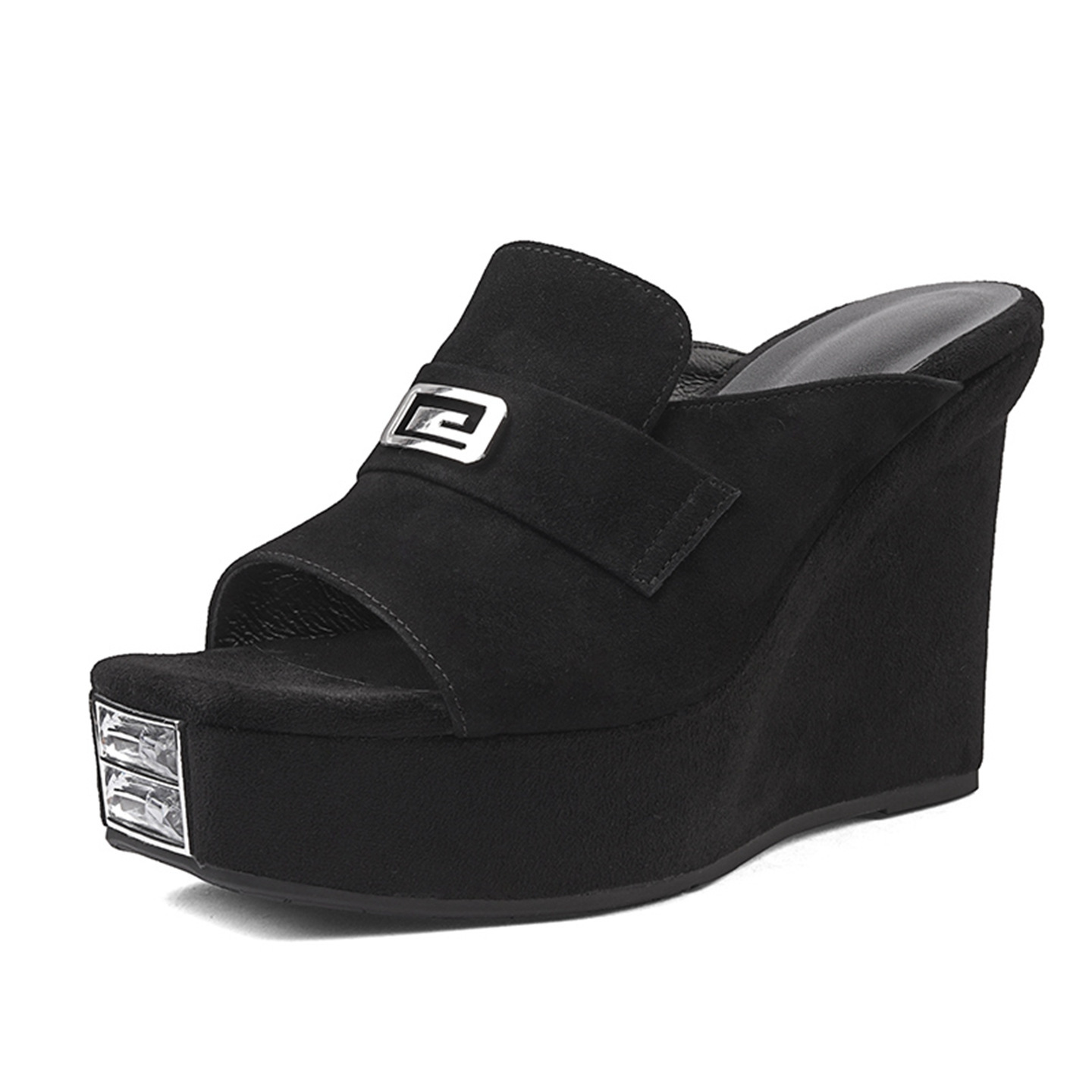 Sandal cao gót nữ mũi cá hở ngón, đế dốc dày da bò, gót 10.5 cm — Lời bài hát: Black (Sheep Flip)