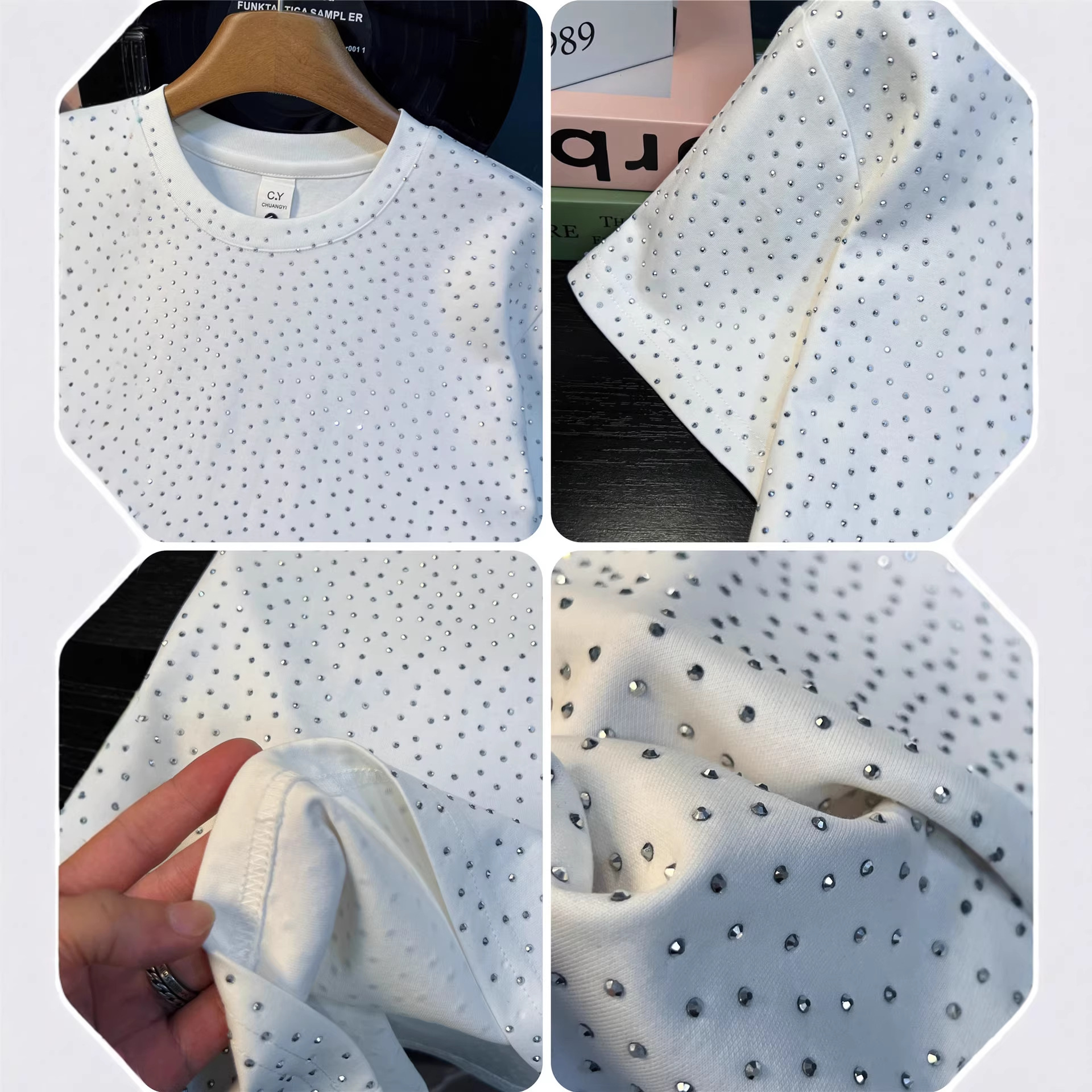 Camiseta de Algodón 100% de Tela Gruesa, Lavada y con Estrellas de Rhinestones para Hombre y Mujer | Estilo Retro