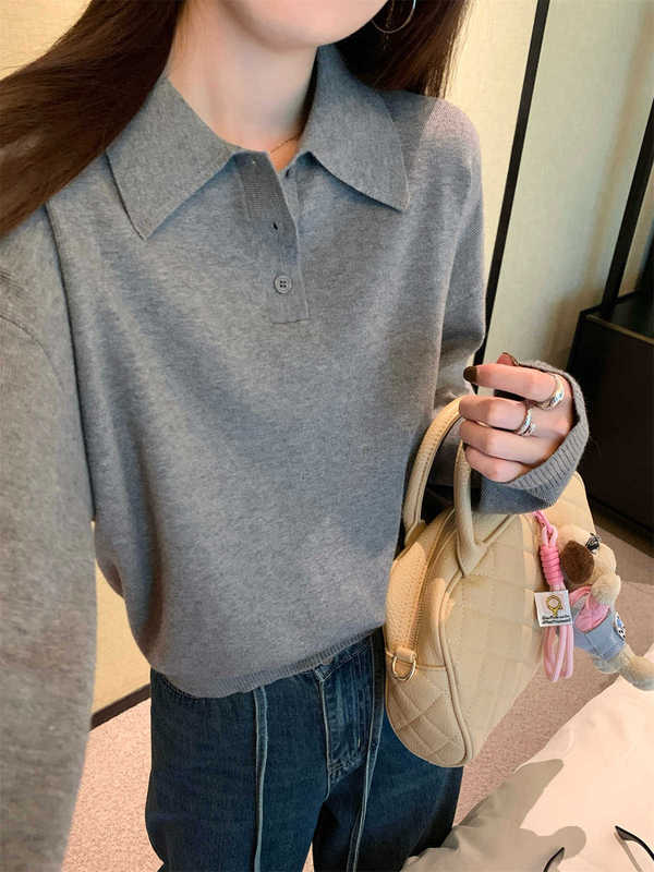 韩系polo领松弛感针织毛衣女2025春季简约慵懒打底衫宽松内搭上衣|undefined