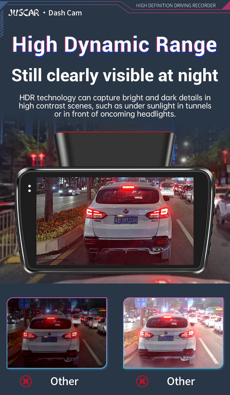 Driving Recorder with Wifi Connectivity, Dual Recording of Front and Rear Vehicles, 24-Hour Parking Monitoring, Night Vision, Reversing Images