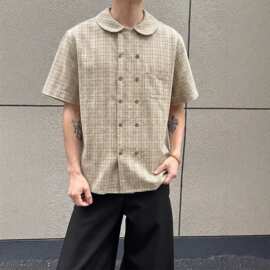 复古风潮牌格子衬衫男女通用短袖翻领双排扣宽松百搭学院风衬衣