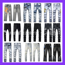 欧美潮牌2025AM新款黑色破洞补丁牛仔裤男潮牌修身弹力小脚长裤